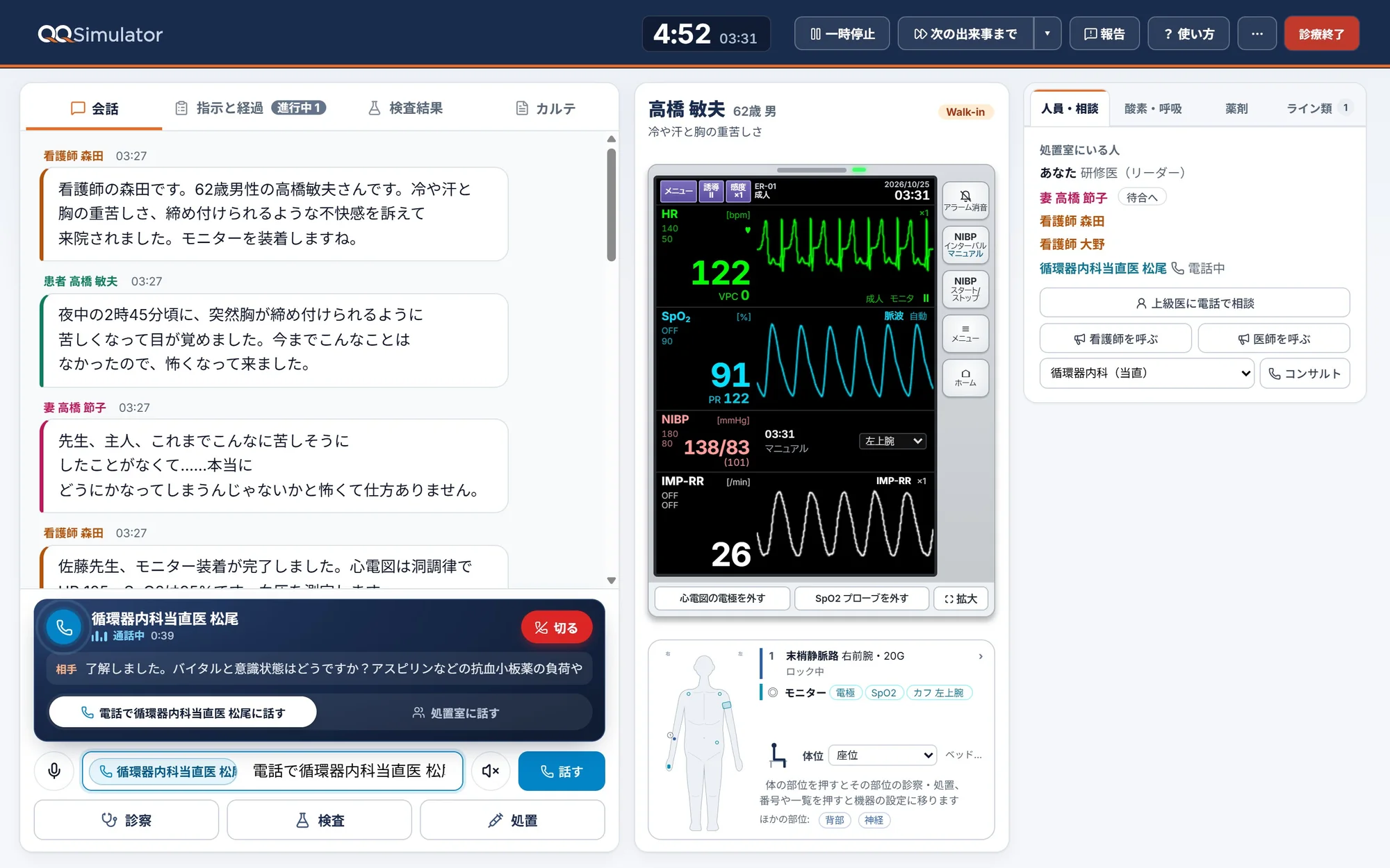 診療中の画面。左に看護師・患者・家族との会話と循環器内科への電話、中央に生体情報モニター、右に処置室の人員と相談先